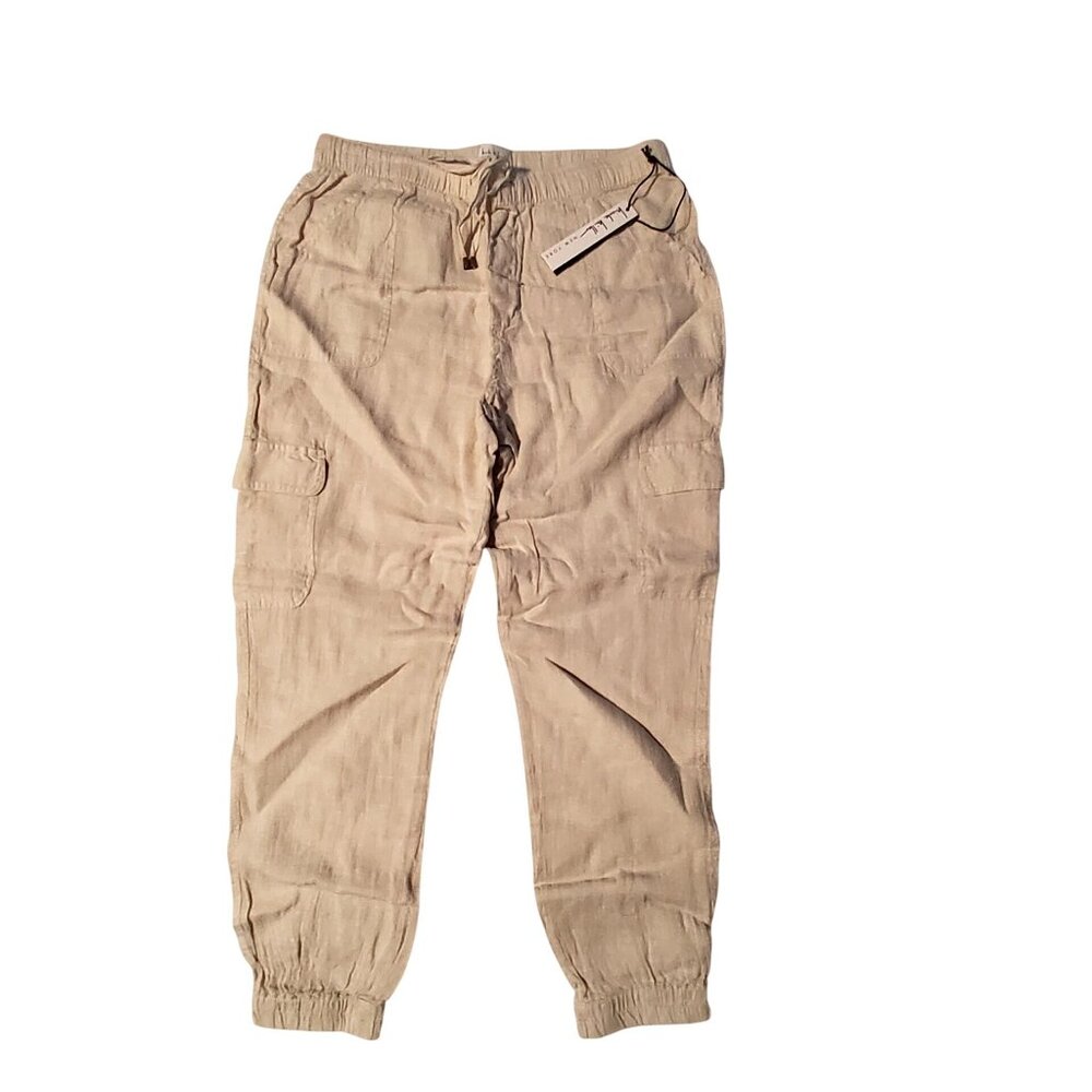 Women`s Casual Beige Linen Cargo Pants With Drawstring Waist & Elastic Cuffs  XL